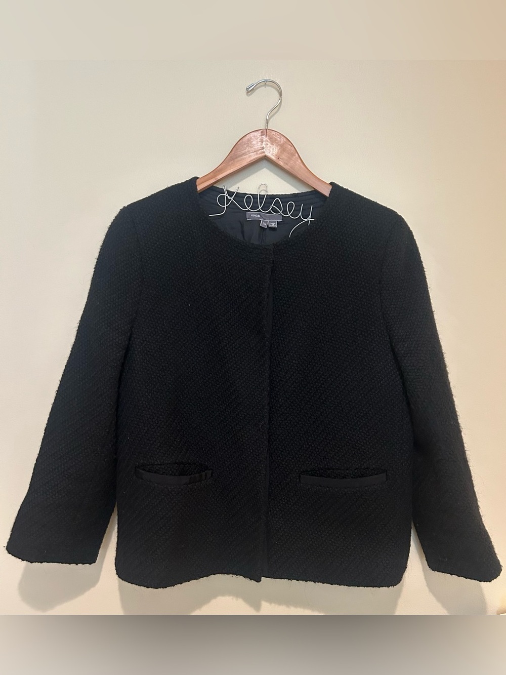 Vince Black Textured Collarless Ribbon Buttons Wool Blend Blazer Size 10